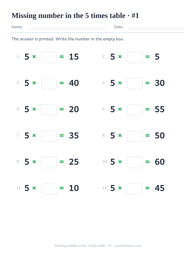 Twelve equations reading 5 x empty box = a printed product, in two columns of six (set 1).