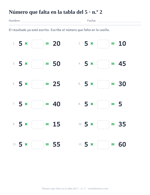Doce operaciones con 5 x casilla vacía = resultado impreso, en dos columnas de seis (juego 2).