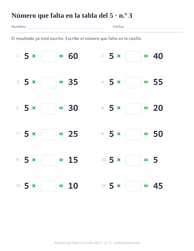 Doce operaciones con 5 x casilla vacía = resultado impreso, en dos columnas de seis (juego 3).