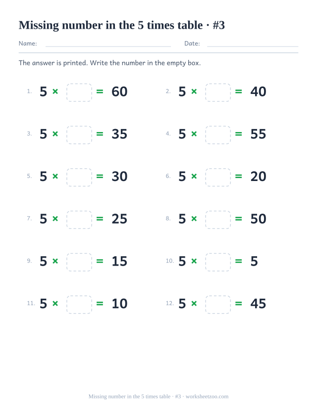 Twelve equations reading 5 x empty box = a printed product, in two columns of six (set 3).