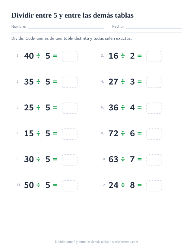Doce divisiones de varias tablas, la mitad entre 5, cada una con una casilla vacía al final.