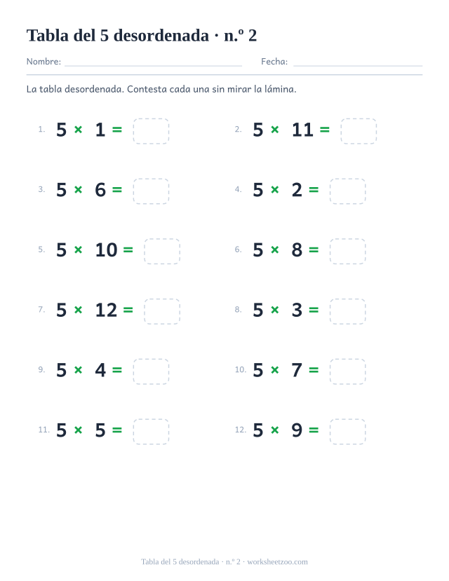 Doce multiplicaciones del 5 desordenadas en dos columnas de seis, numeradas y con casilla vacía (juego 2).