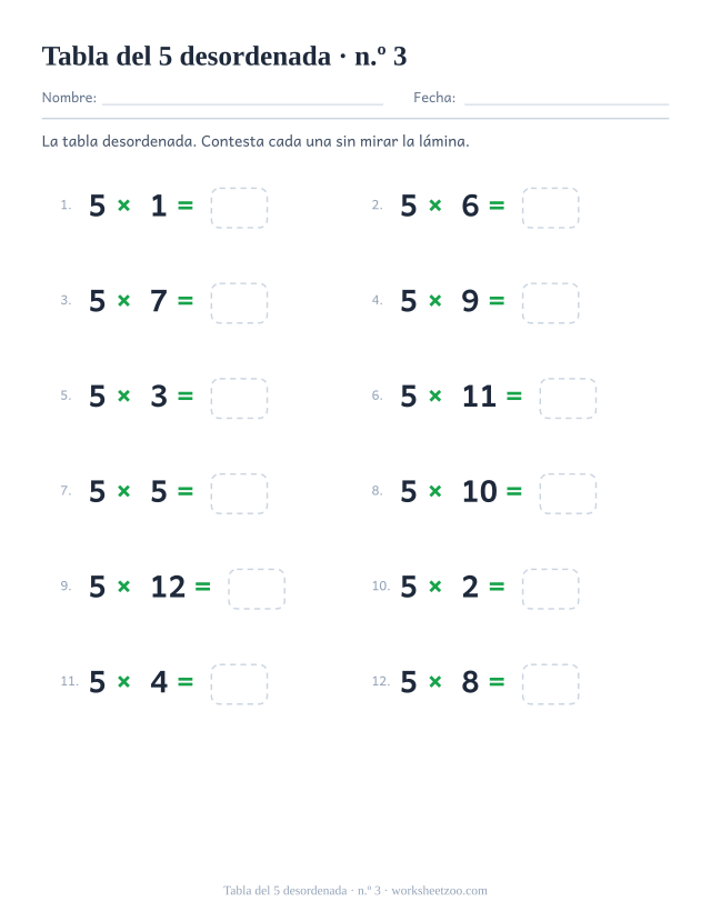 Doce multiplicaciones del 5 desordenadas en dos columnas de seis, numeradas y con casilla vacía (juego 3).