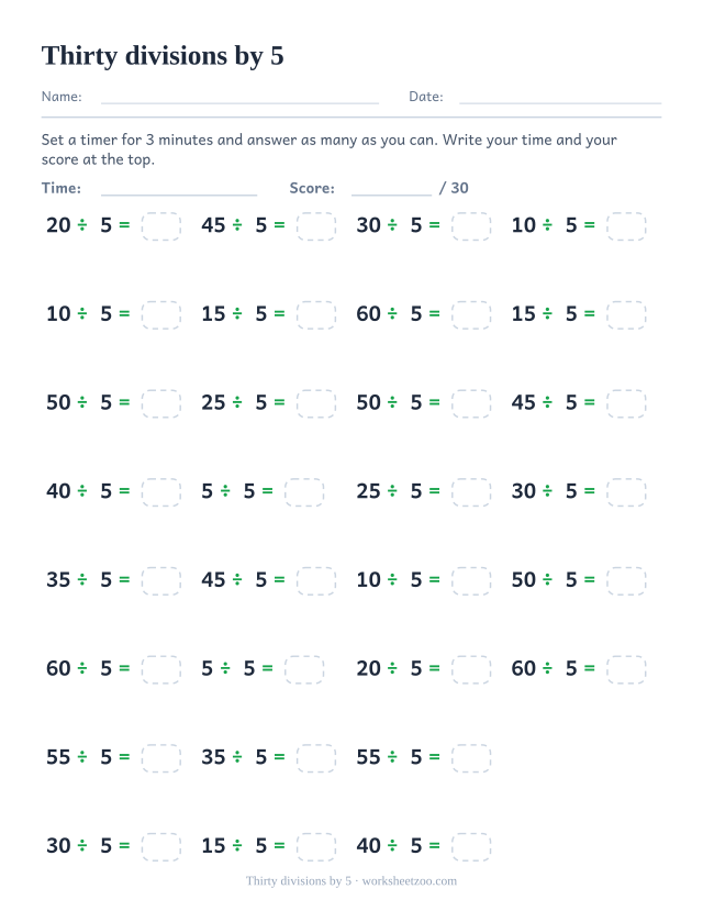 Thirty division equations dividing multiples of 5 by 5, in four columns, with a time and score header.