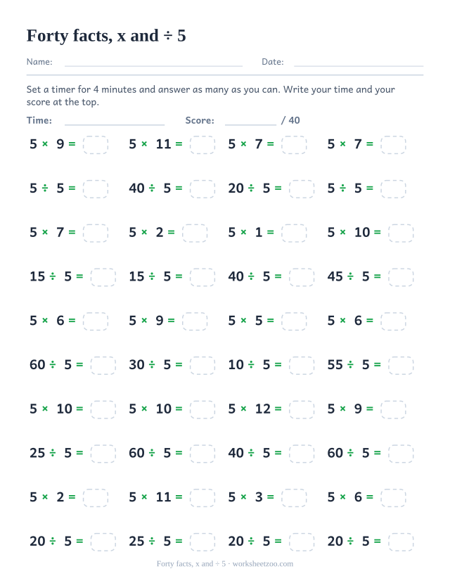 Forty timed items alternating 5 times facts and divisions by 5 down four columns.