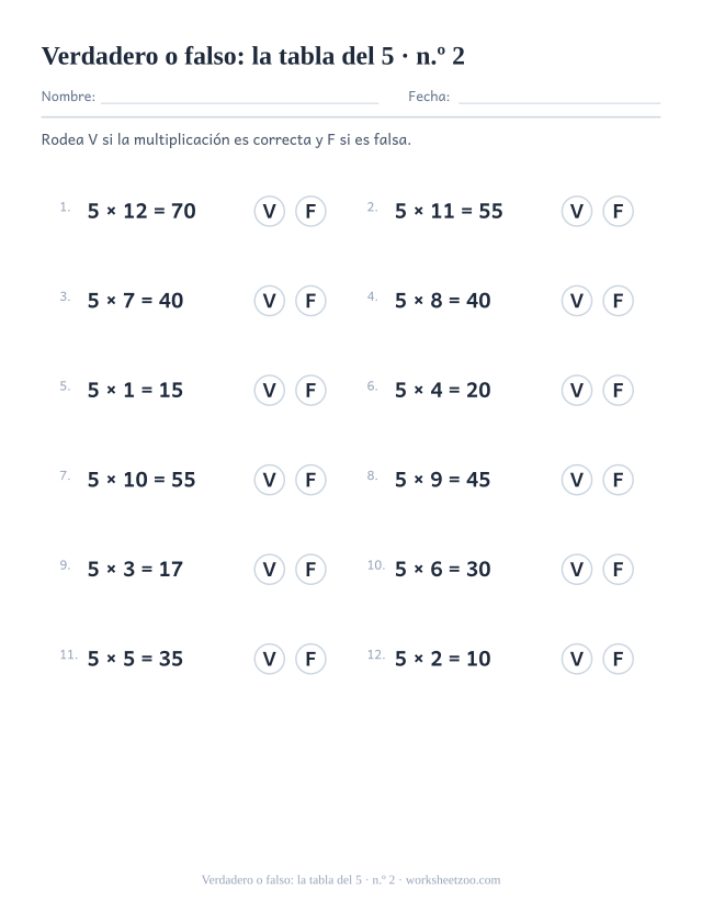 Doce multiplicaciones del 5 ya resueltas, cada una con un círculo V y un círculo F para rodear (juego 2).