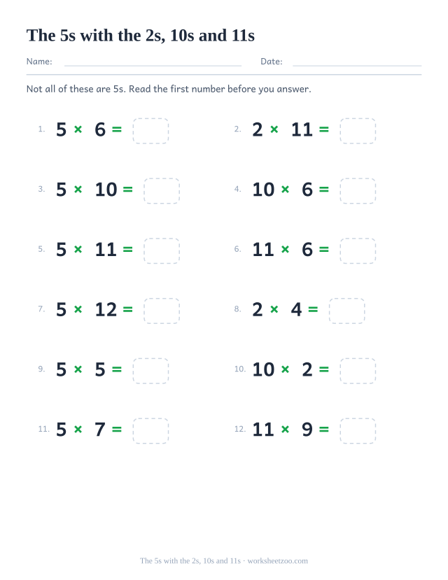 Twelve equations alternating between the 5 times table and the 2, 10 and 11 tables, each with an empty answer box.