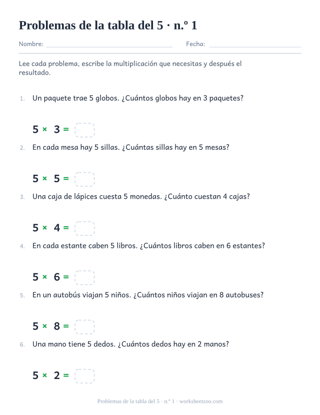 Seis problemas numerados sobre grupos iguales de 5, cada uno seguido de una multiplicación impresa con casilla vacía.