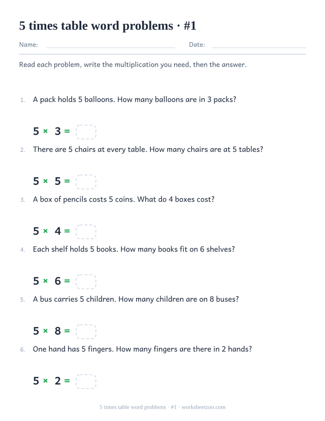 Six numbered word problems about equal groups of 5, each followed by a printed multiplication with an empty answer box.