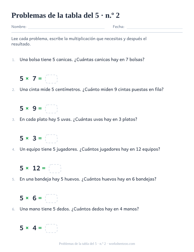 Seis problemas numerados con grupos grandes de 5, cada uno con una multiplicación y una casilla vacía debajo.