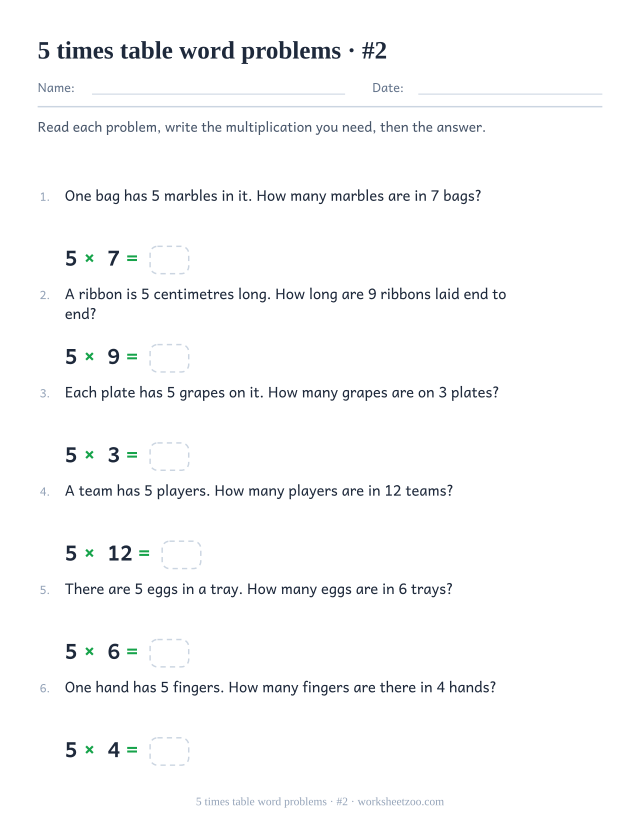 Six numbered word problems with larger groups of 5, each with a multiplication and an empty answer box underneath.