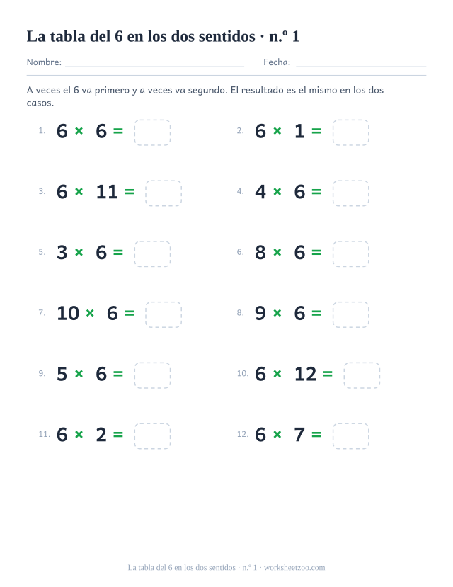 Doce operaciones en las que el 6 unas veces va delante y otras detrás, todas con casilla vacía (juego 1).