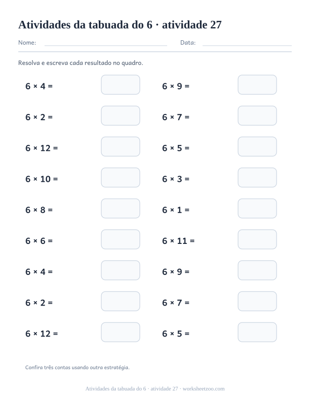 Prévia de Atividades da tabuada do 6, atividade 27 para imprimir