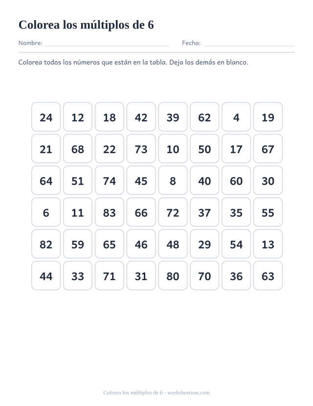 Cuadrícula de cuarenta y ocho números en ocho columnas, de los que doce son múltiplos de 6 y hay que colorear.
