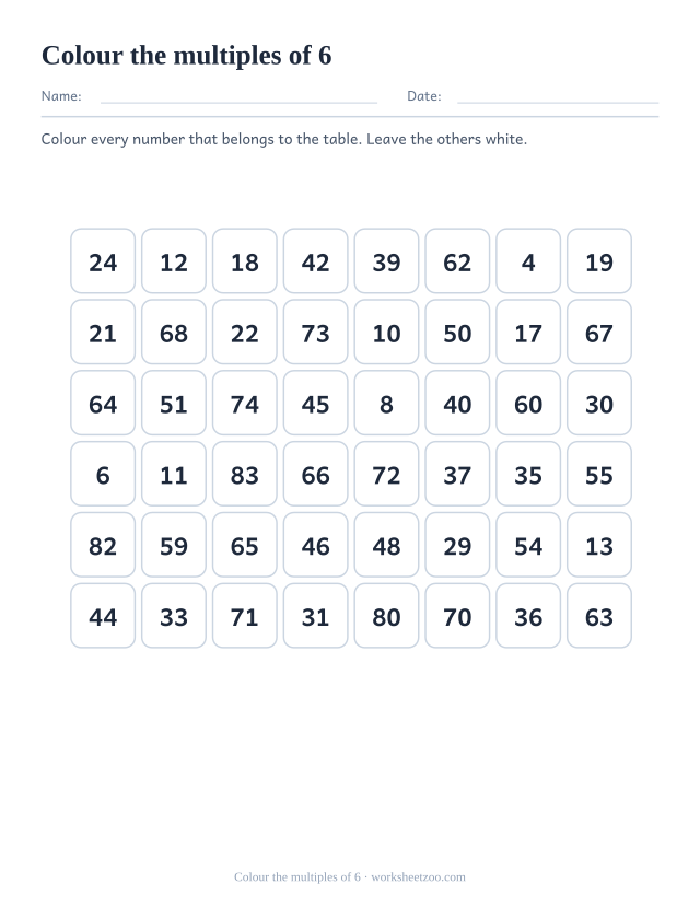 Grid of forty-eight numbers in eight columns, twelve of which are multiples of 6 to be coloured in.