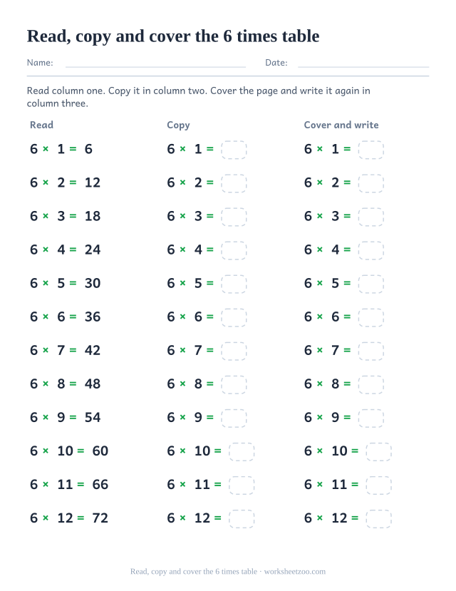 Three labelled columns headed Read, Copy and Cover and write, each with the twelve facts of the 6 times table.