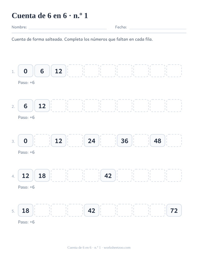 Cinco filas de diez casillas que cuentan de 6 en 6, con las primeras casillas rellenas y el resto vacías.
