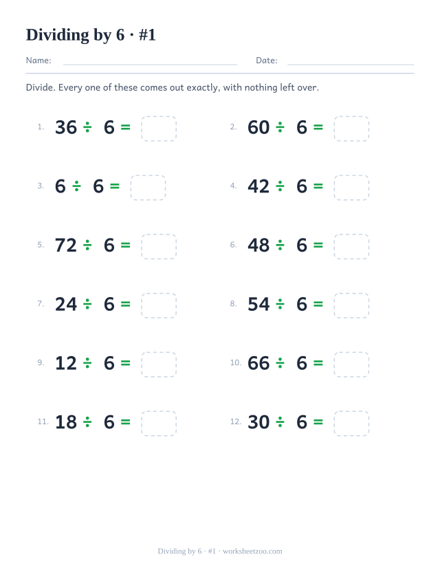 Twelve division equations, each a multiple of 6 divided by 6, ending in an empty answer box (set 1).