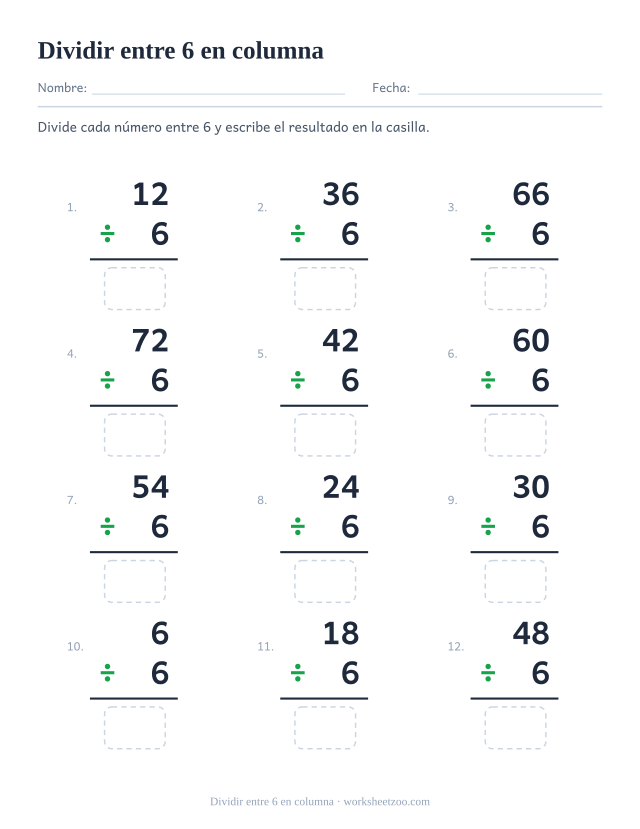 Doce divisiones en vertical en una cuadrícula de tres por cuatro, con un múltiplo de 6 sobre 6 y una casilla bajo la raya.