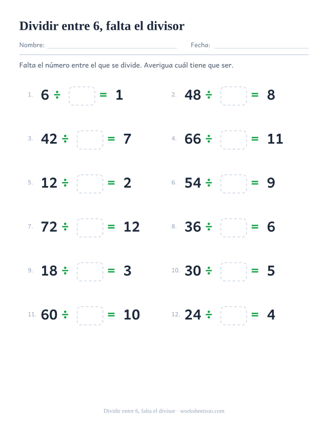 Doce divisiones con una casilla vacía en el lugar del divisor, entre un múltiplo de 6 y el resultado, ambos impresos.