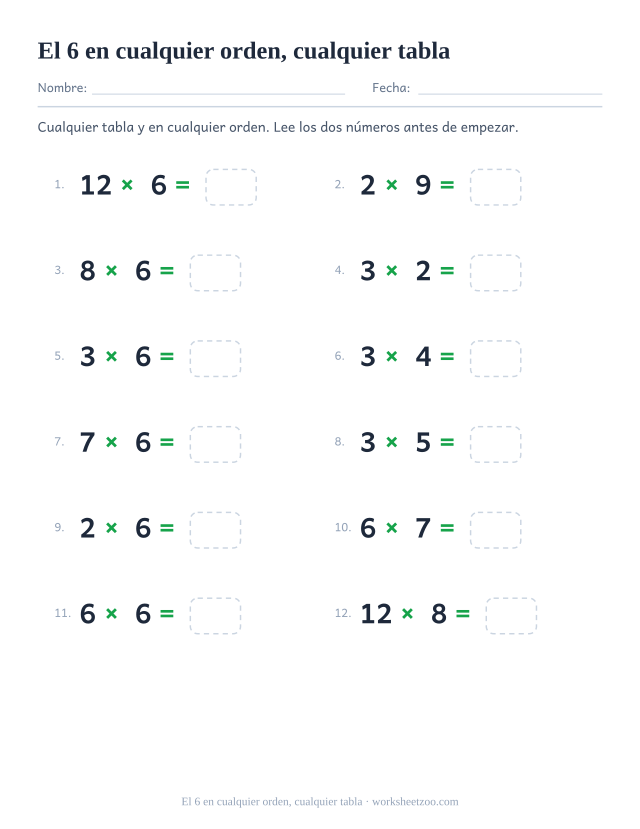 Doce operaciones de tablas mezcladas, entre ellas la del 6, con los factores en cualquier orden, numeradas en dos columnas y con casilla vacía.