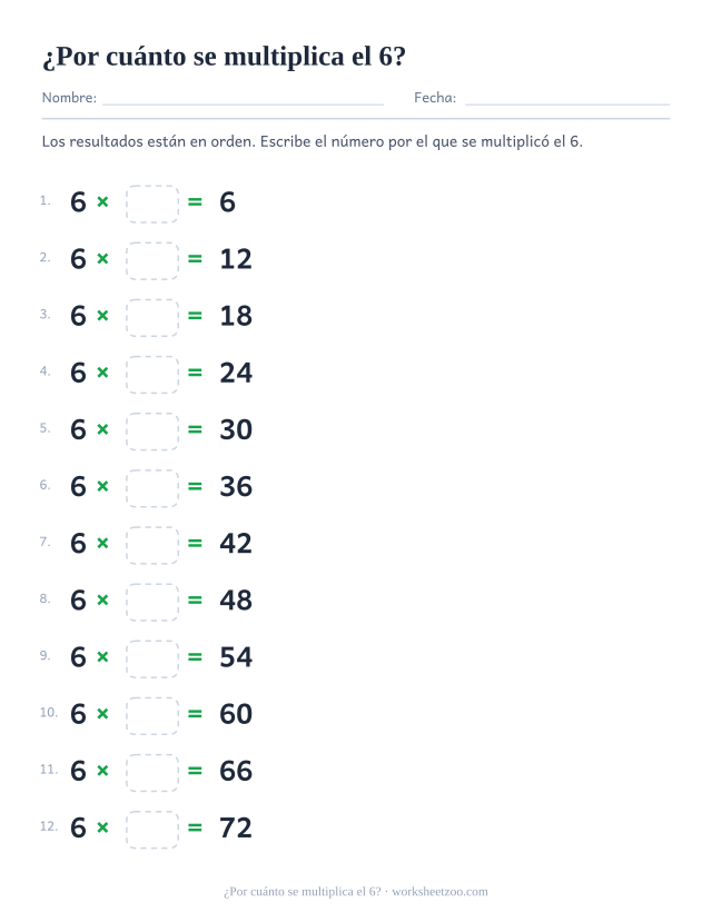 Doce renglones con 6 x casilla = resultado impreso, en orden de 6 hasta 72.