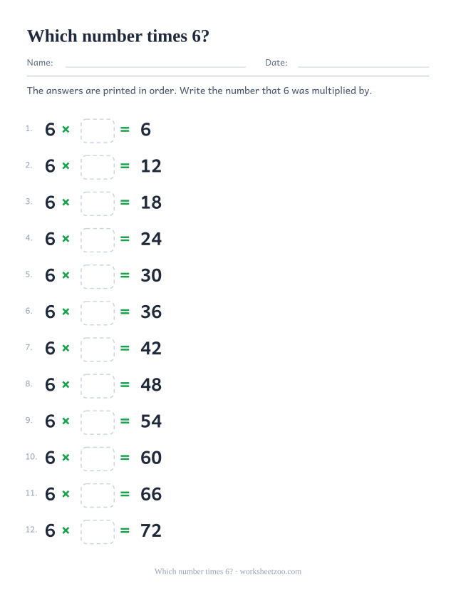 Twelve rows reading 6 x box = printed product, in order from 6 to 72.