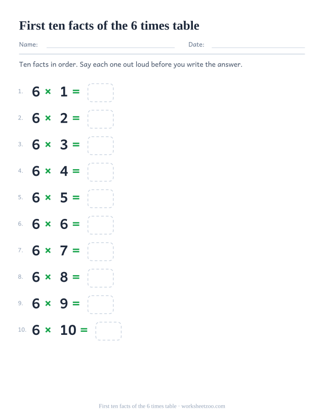 Ten numbered equations from 6 x 1 to 6 x 10 with wide spacing and one answer box each.