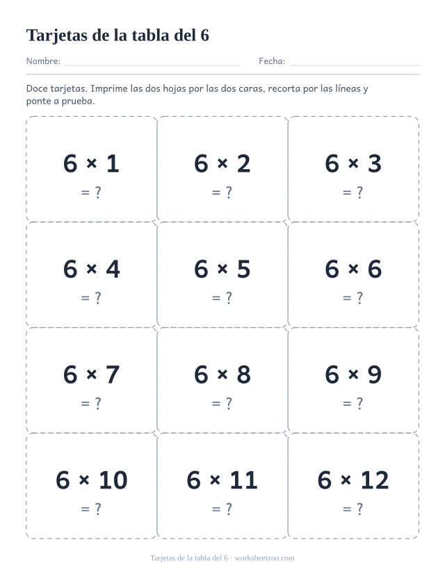 Doce tarjetas punteadas para recortar, tres de ancho y cuatro de alto, cada una con una multiplicación del 6 y un signo de interrogación.