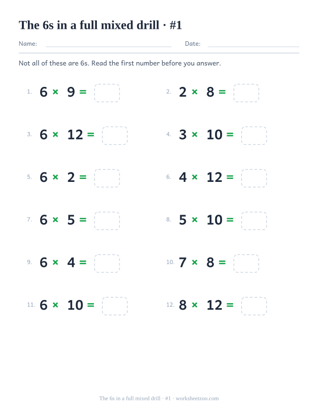 Twelve equations drawn from every table between 2 and 12, half of them 6 times something, all with empty boxes.