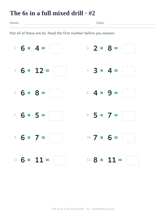 A second page of twelve mixed-table equations including the 6 times table, numbered in two columns.