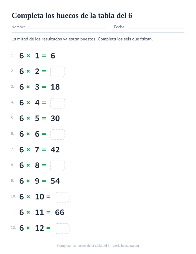 La tabla del 6 en orden con los resultados impares impresos y los pares en casillas vacías.