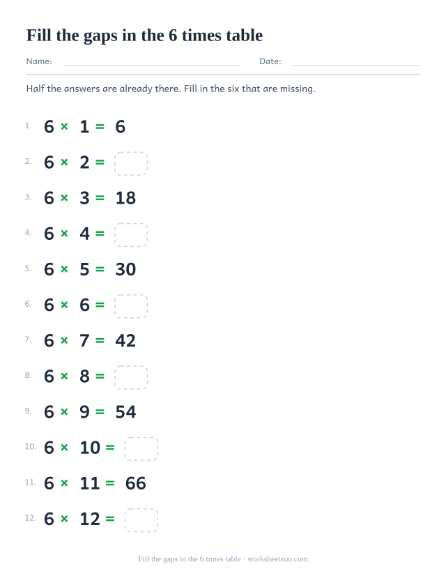 The 6 times table in order with the odd-numbered answers printed and the even ones left as empty boxes.