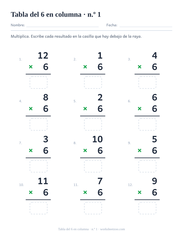 Doce multiplicaciones en vertical con el 6 como factor de abajo, una raya y una casilla vacía debajo (juego 1).