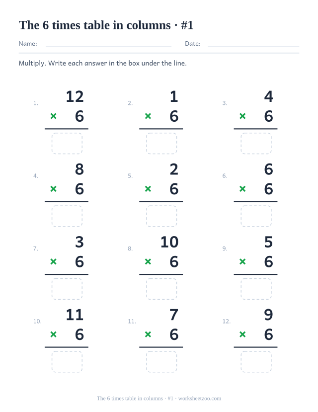 Twelve vertical multiplications with 6 as the lower factor, a rule under each and an empty answer box below (set 1).