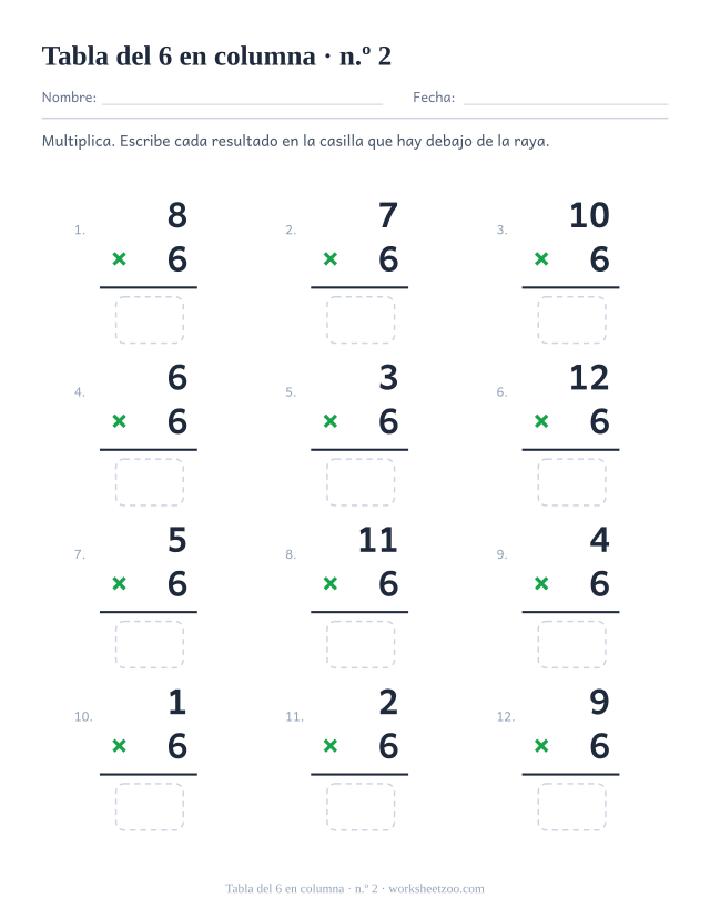 Doce multiplicaciones en vertical con el 6 como factor de abajo, una raya y una casilla vacía debajo (juego 2).