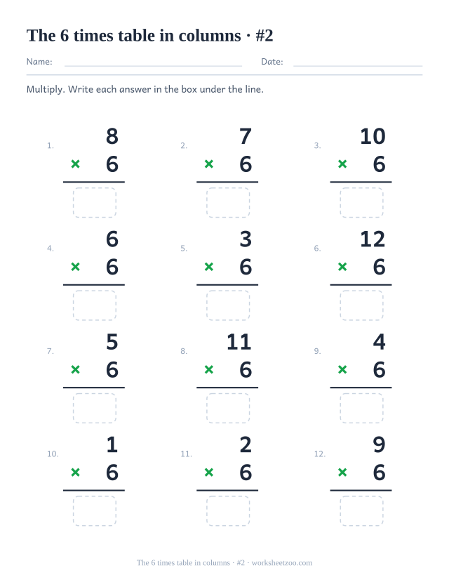 Twelve vertical multiplications with 6 as the lower factor, a rule under each and an empty answer box below (set 2).