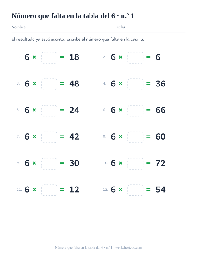 Doce operaciones con 6 x casilla vacía = resultado impreso, en dos columnas de seis (juego 1).