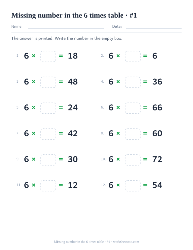 Twelve equations reading 6 x empty box = a printed product, in two columns of six (set 1).