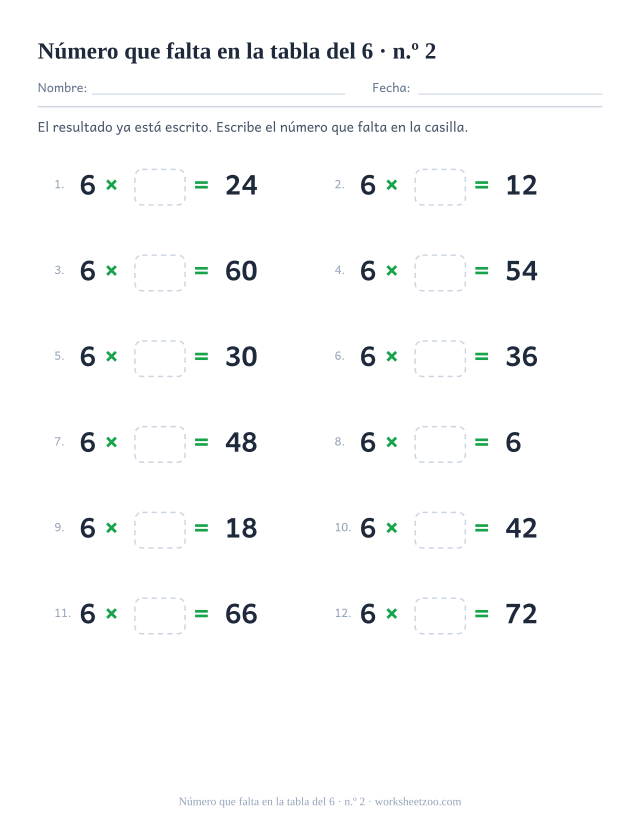 Doce operaciones con 6 x casilla vacía = resultado impreso, en dos columnas de seis (juego 2).