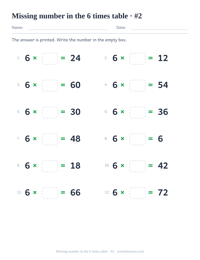 Twelve equations reading 6 x empty box = a printed product, in two columns of six (set 2).