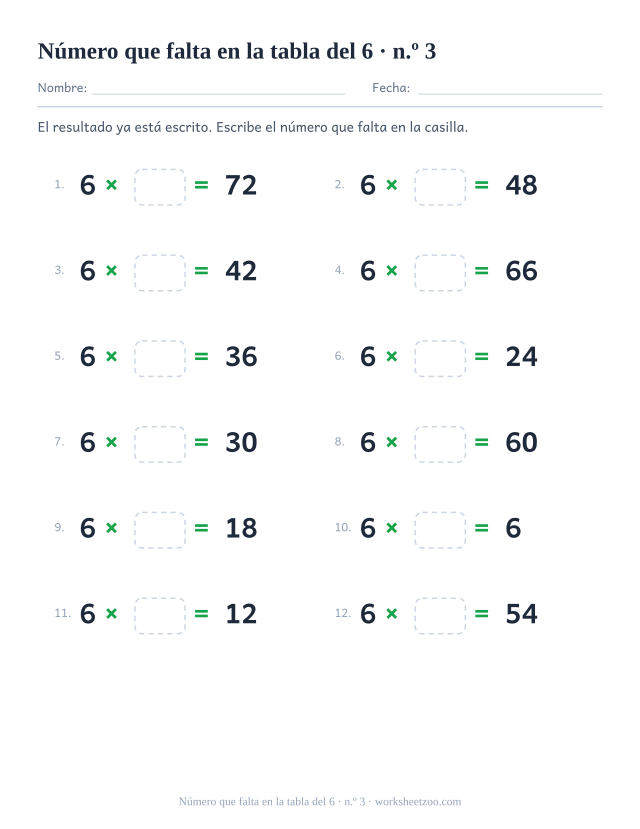 Doce operaciones con 6 x casilla vacía = resultado impreso, en dos columnas de seis (juego 3).