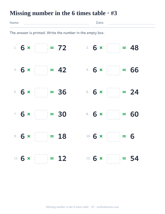 Twelve equations reading 6 x empty box = a printed product, in two columns of six (set 3).