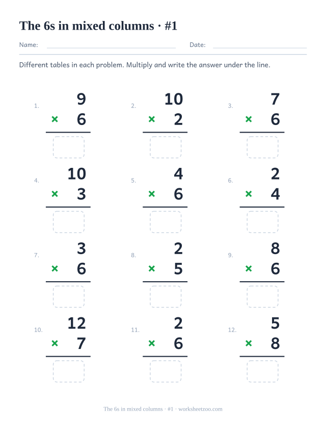 Twelve vertical multiplications from mixed tables, half featuring 6, each with a rule and an empty answer box (set 1).