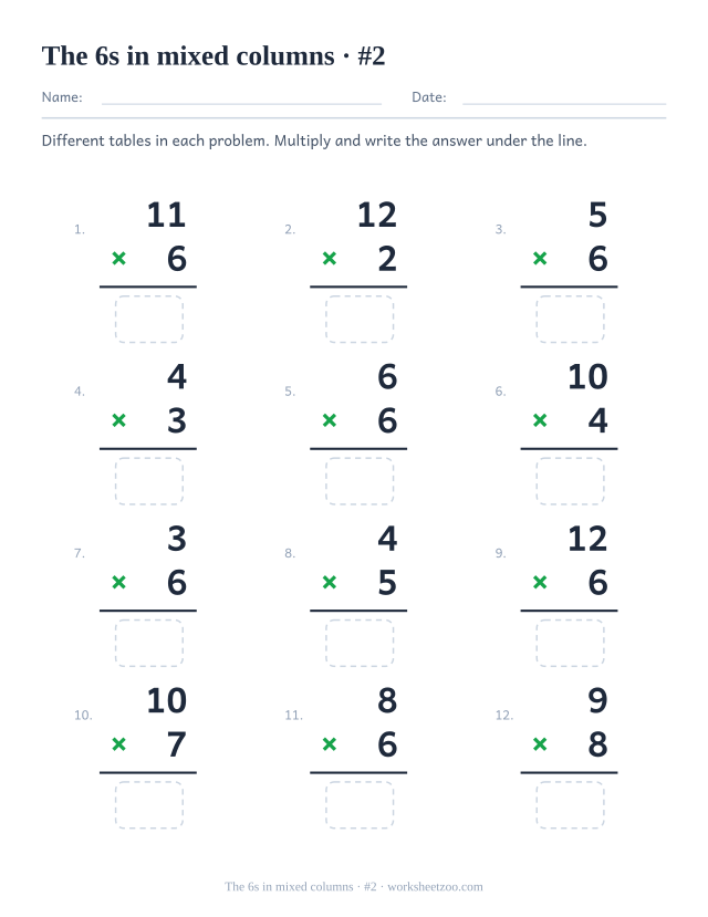 Twelve vertical multiplications from mixed tables, half featuring 6, each with a rule and an empty answer box (set 2).