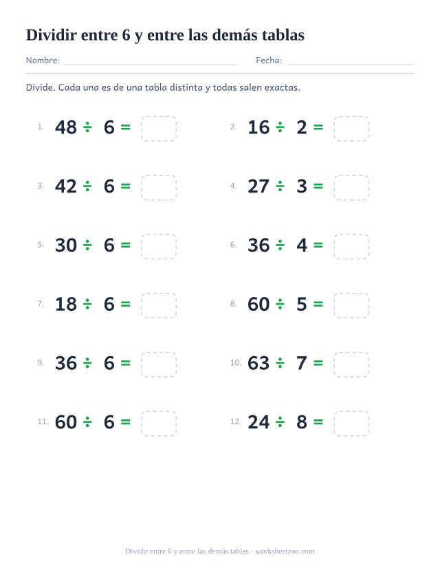 Doce divisiones de varias tablas, la mitad entre 6, cada una con una casilla vacía al final.