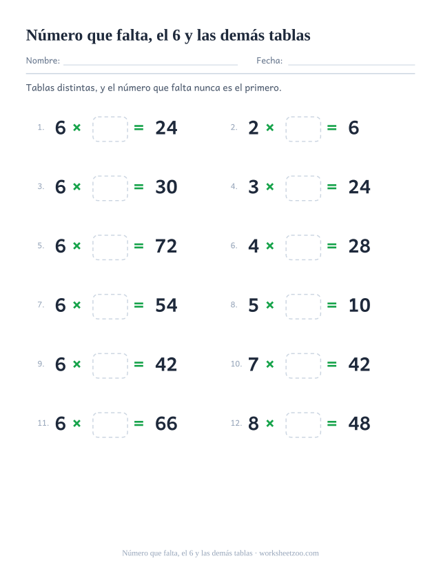 Doce operaciones de tablas mezcladas, la mitad del 6, con la forma número x casilla vacía = resultado impreso, en dos columnas de seis.