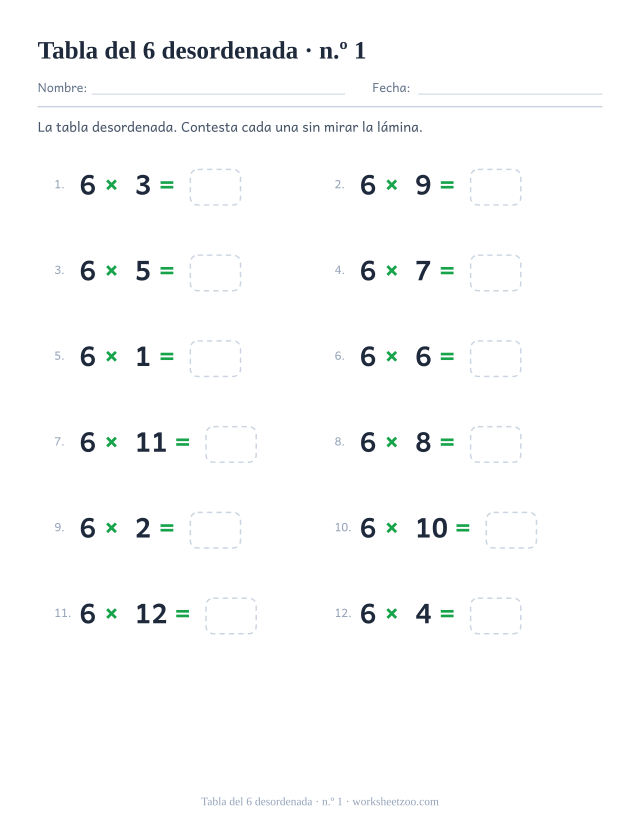 Doce multiplicaciones del 6 desordenadas en dos columnas de seis, numeradas y con casilla vacía (juego 1).
