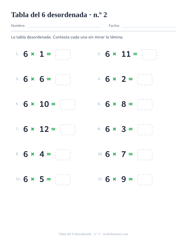 Doce multiplicaciones del 6 desordenadas en dos columnas de seis, numeradas y con casilla vacía (juego 2).