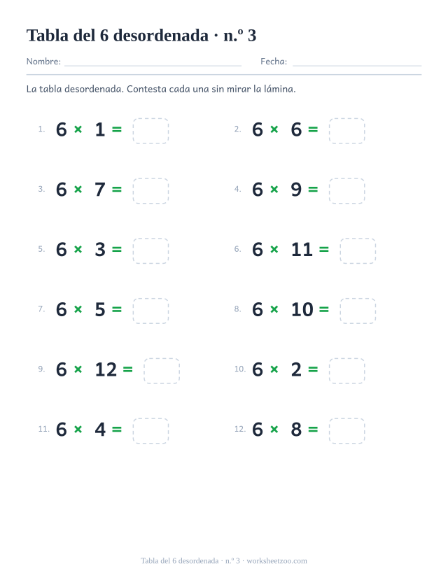 Doce multiplicaciones del 6 desordenadas en dos columnas de seis, numeradas y con casilla vacía (juego 3).